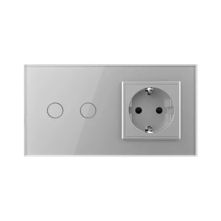 Двухклавишный проходной сенсорный выключатель с розеткой (2-0) серый